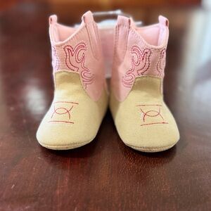 Kids Pink and Tan Western Booties with Embroidered Stitching